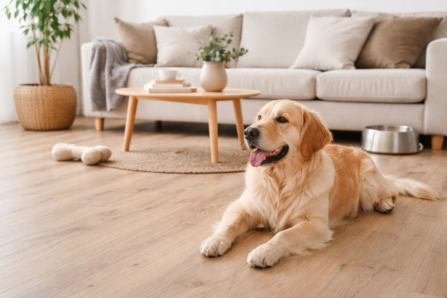 Hond ligt op laminaatvloer 